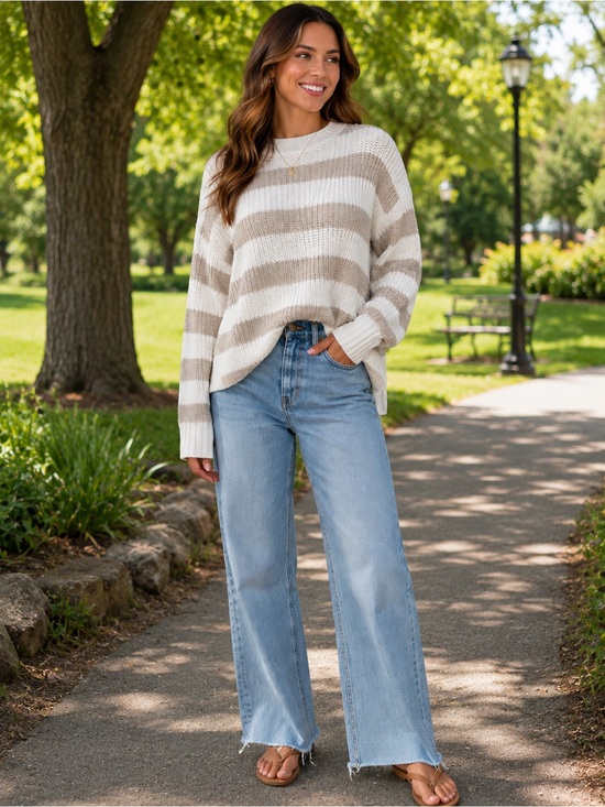 American Eagle Outfitters Sweaters - American Eagle XS Cream Beige Striped Open Knit Cotton Sweater Coastal Neutral